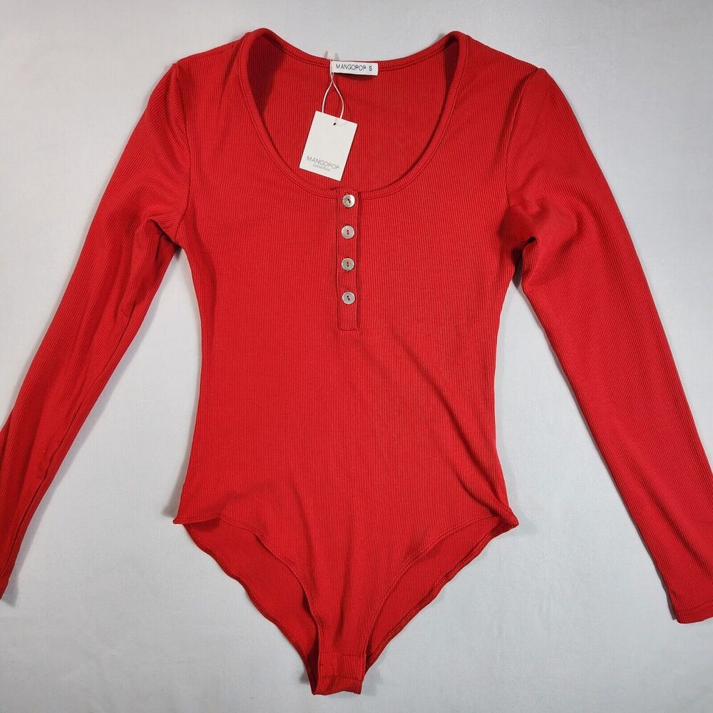 Mangopop Ribbed Bodysuit Button Up Long Sleeve Round Neck Top Size Small